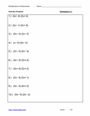 Algebra 1 Multiplying Polynomials Worksheet Image