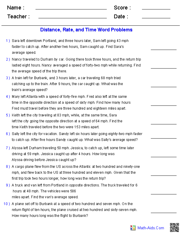 Distance Rate Time Word Problems Worksheets Image