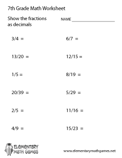 Fractions to Decimals Worksheets 7th Grade