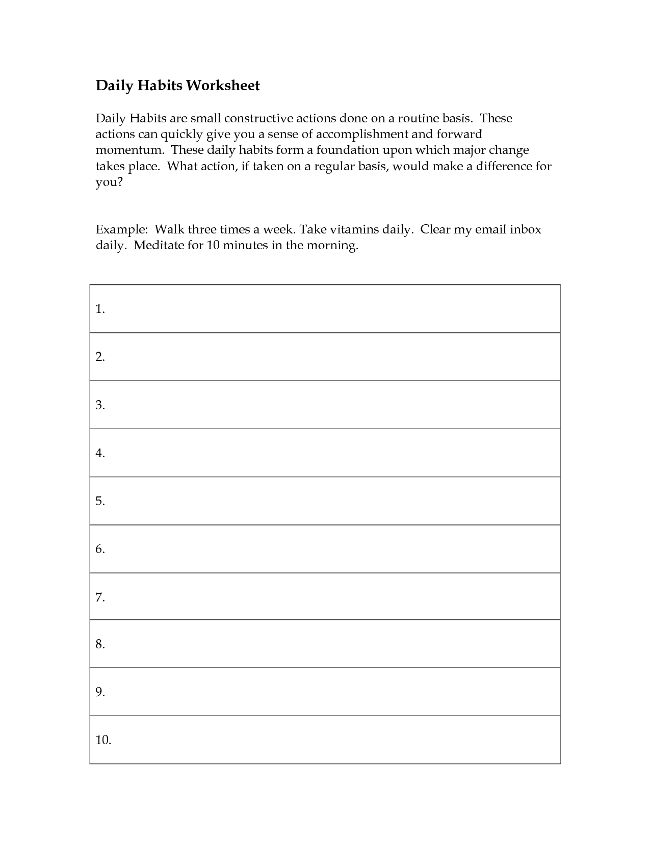 Good Habits Worksheets for Adults Image