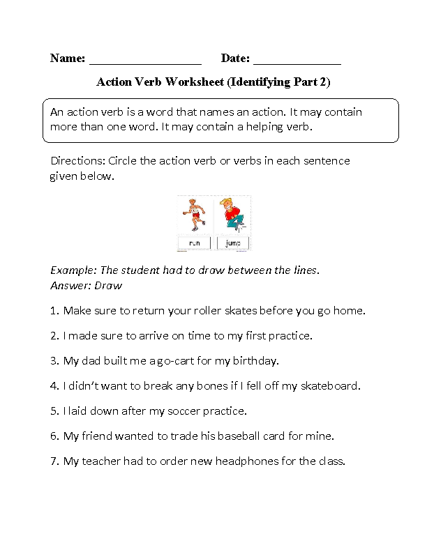Identifying Action Verbs Worksheet Image