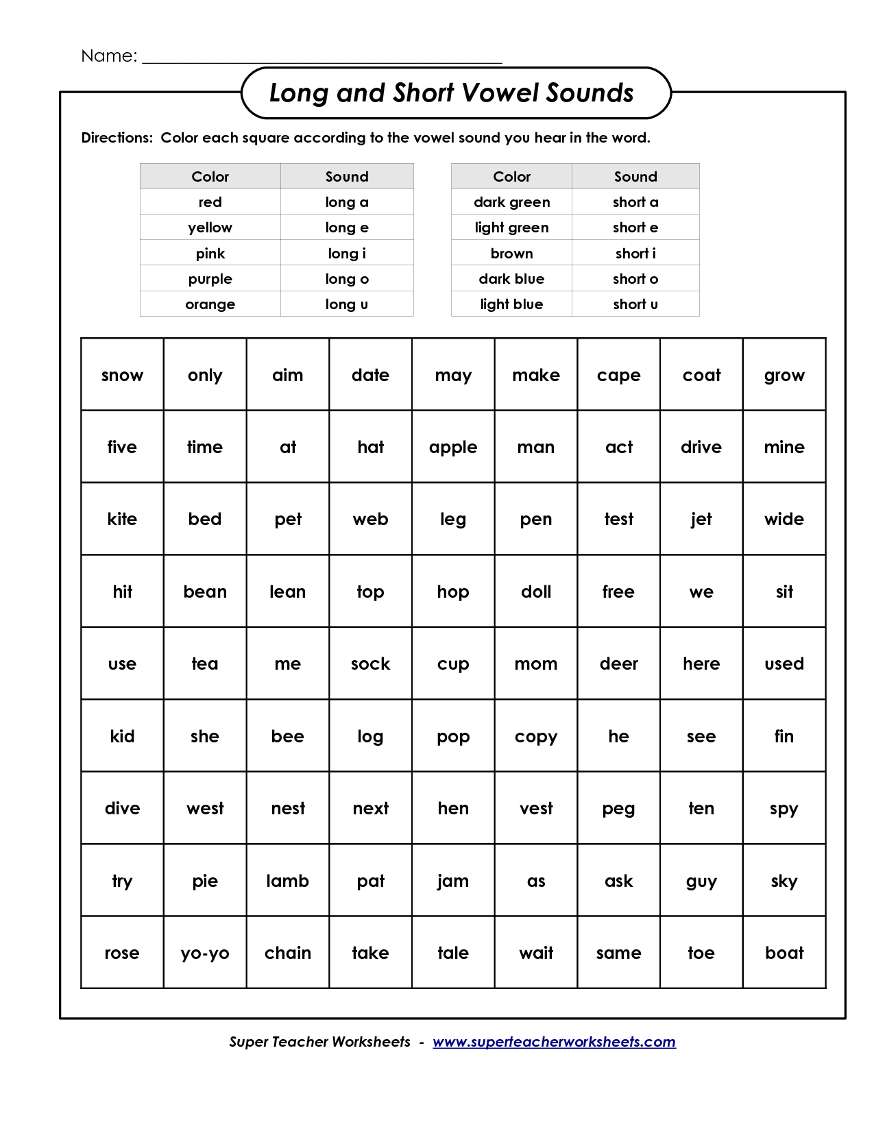 Long and Short Vowel Coloring Worksheet Image
