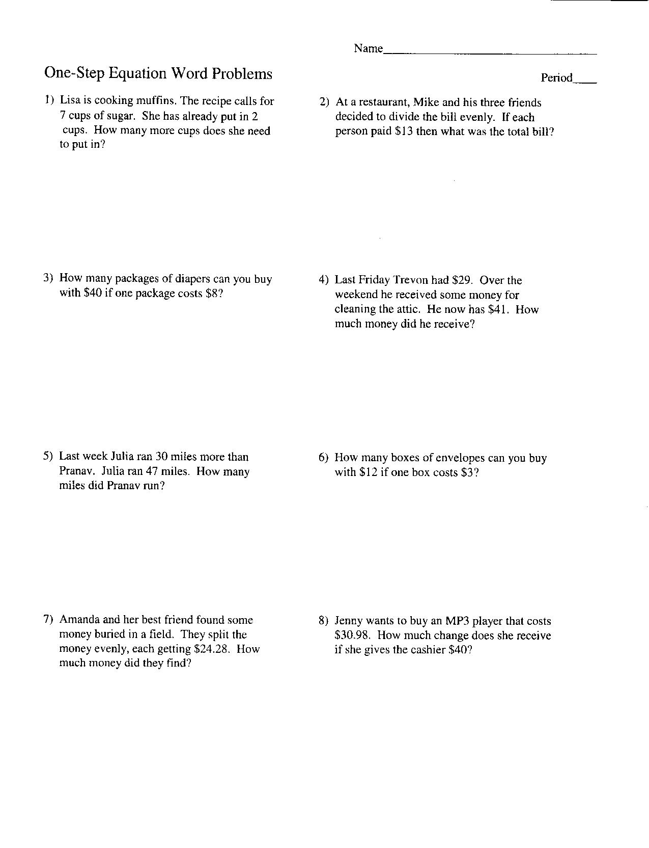 One Step Equation Word Problems Worksheets Image