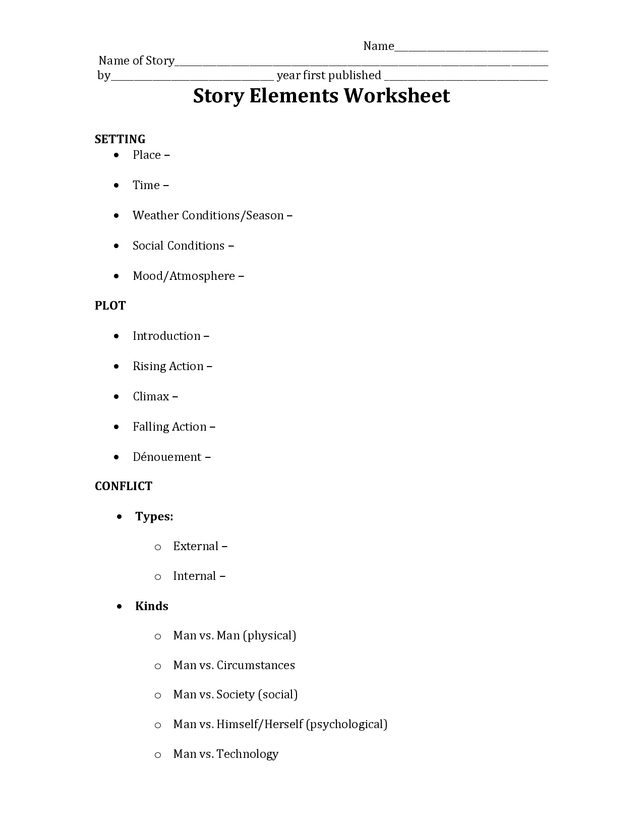Setting Story Elements Worksheets Image
