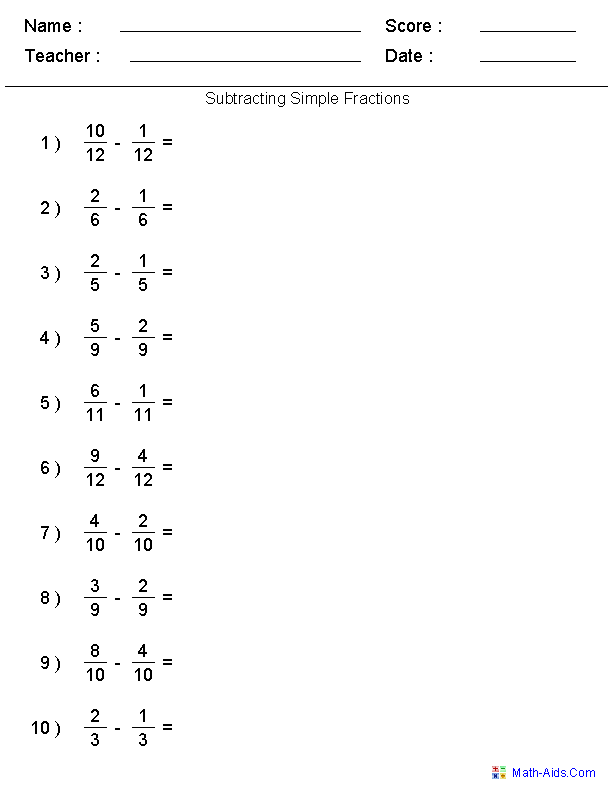 Subtracting Fractions Worksheets