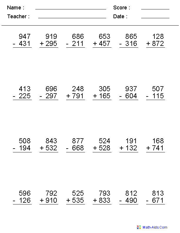 3-Digit Addition and Subtraction Worksheets Image