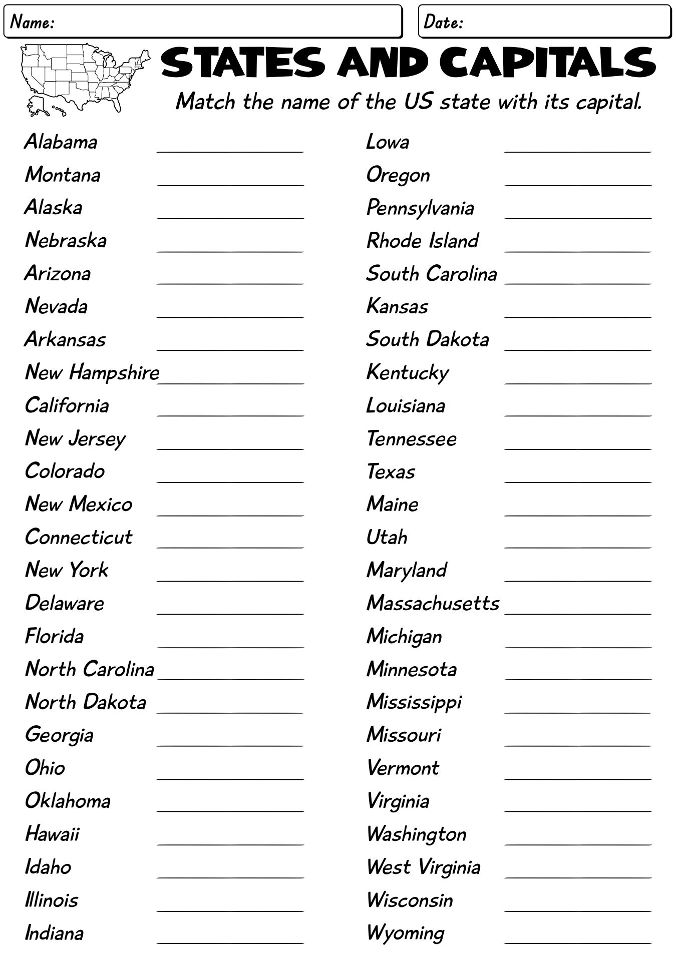 13 Us States And Capitals Worksheets