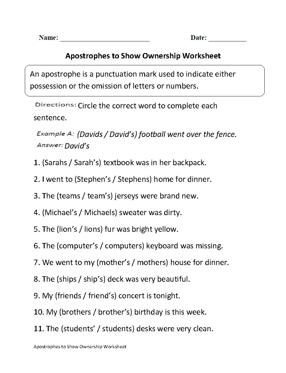 Apostrophe for Ownership Worksheets Image
