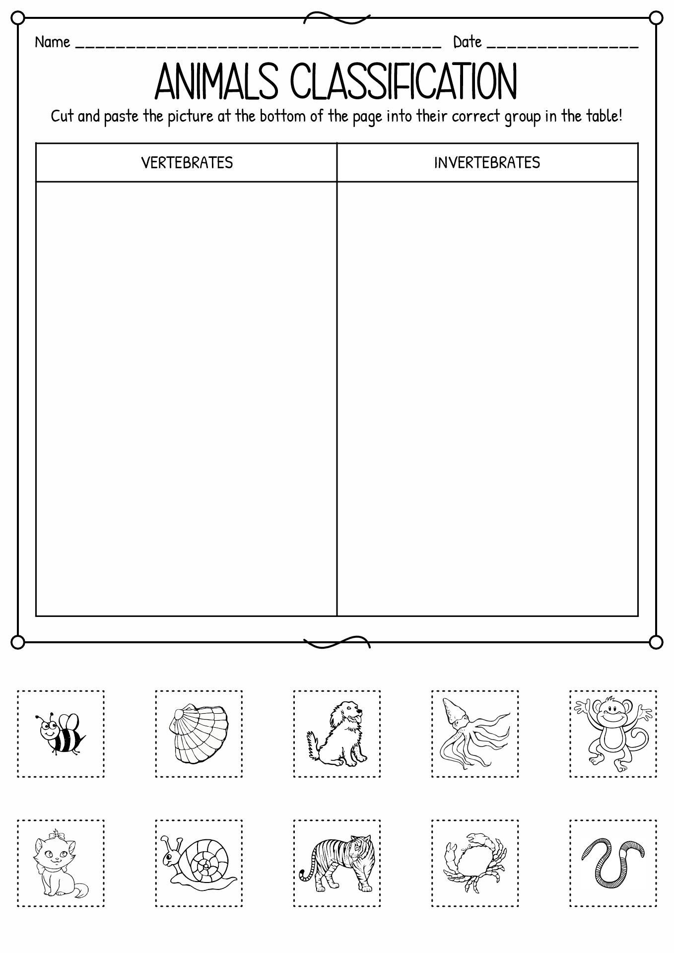 Cut and Paste Animal Classification Vertebrate Worksheets