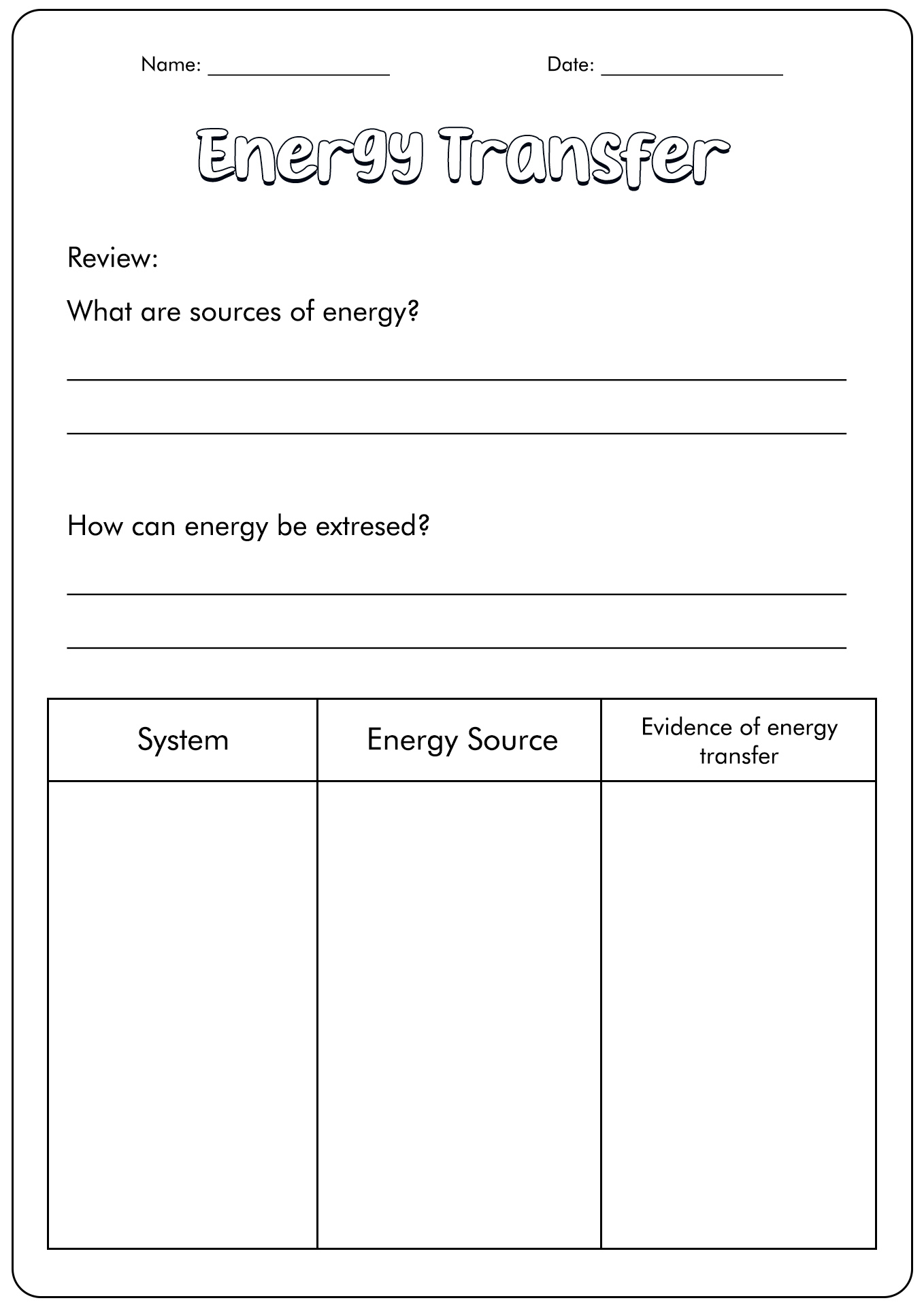 Energy Transfer Worksheets
