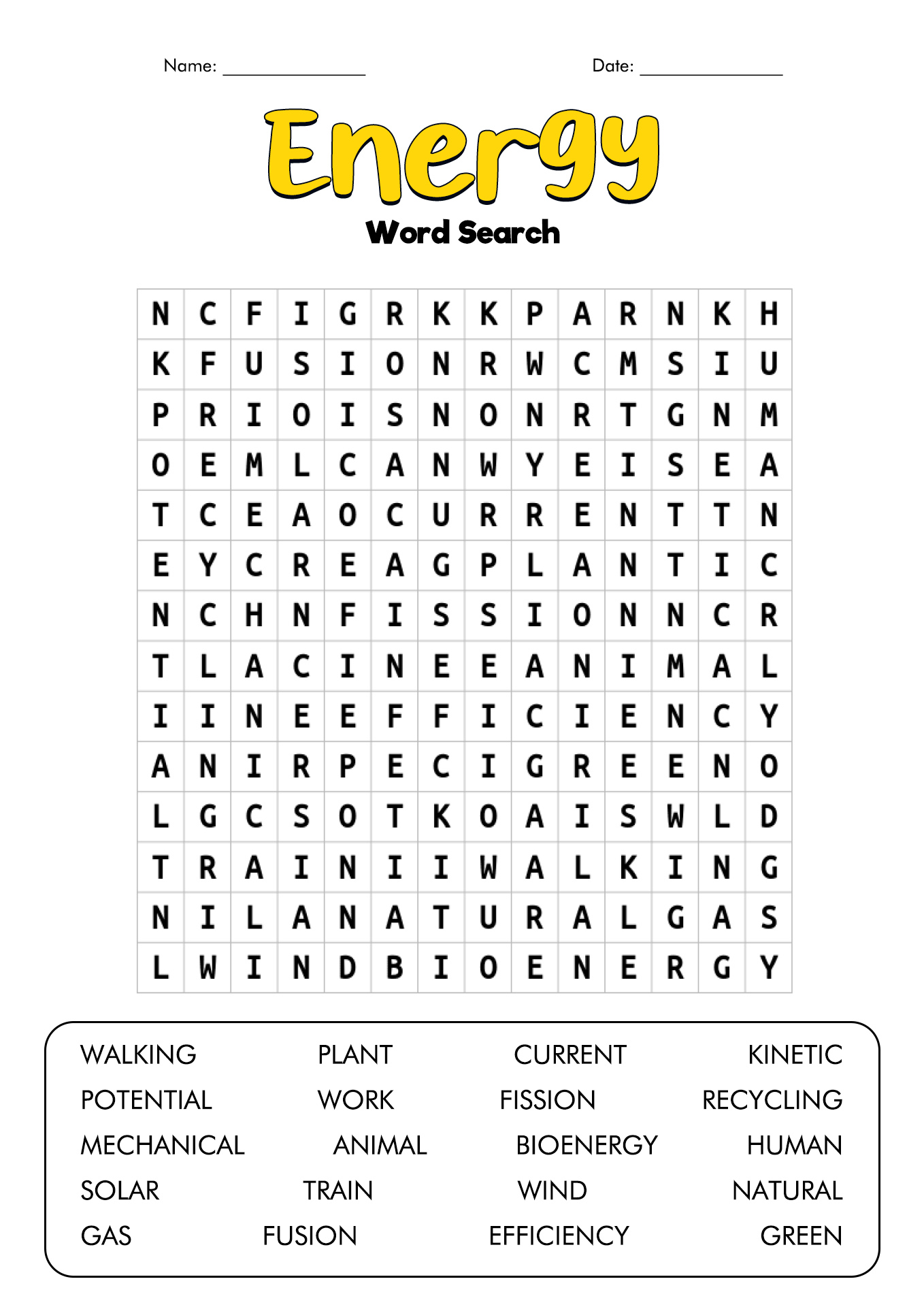 Energy Word Search Worksheet Image