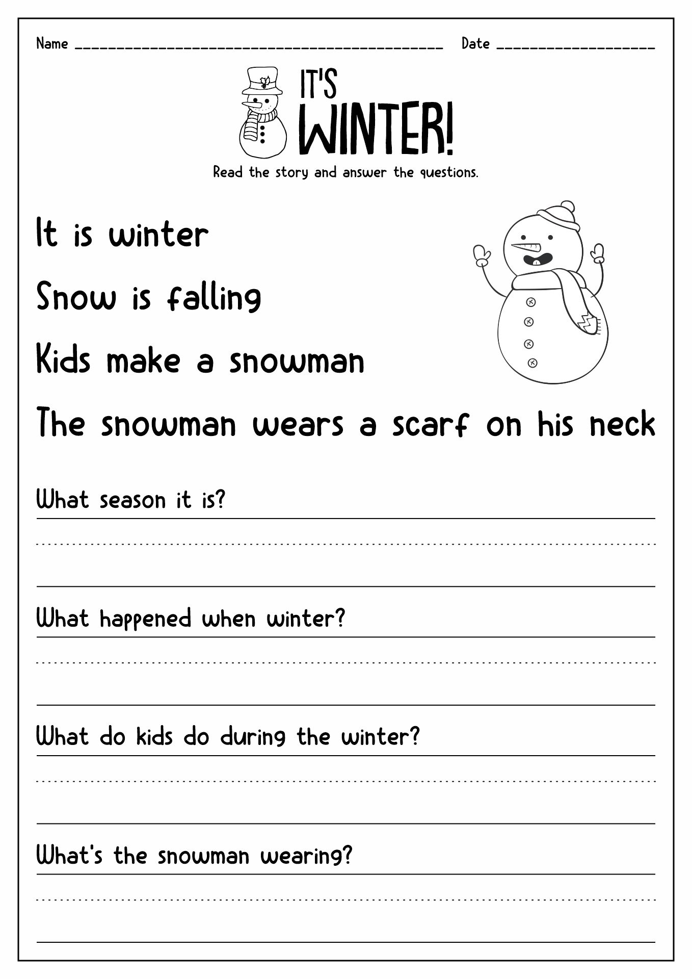 Free Winter Printable Worksheets Reading