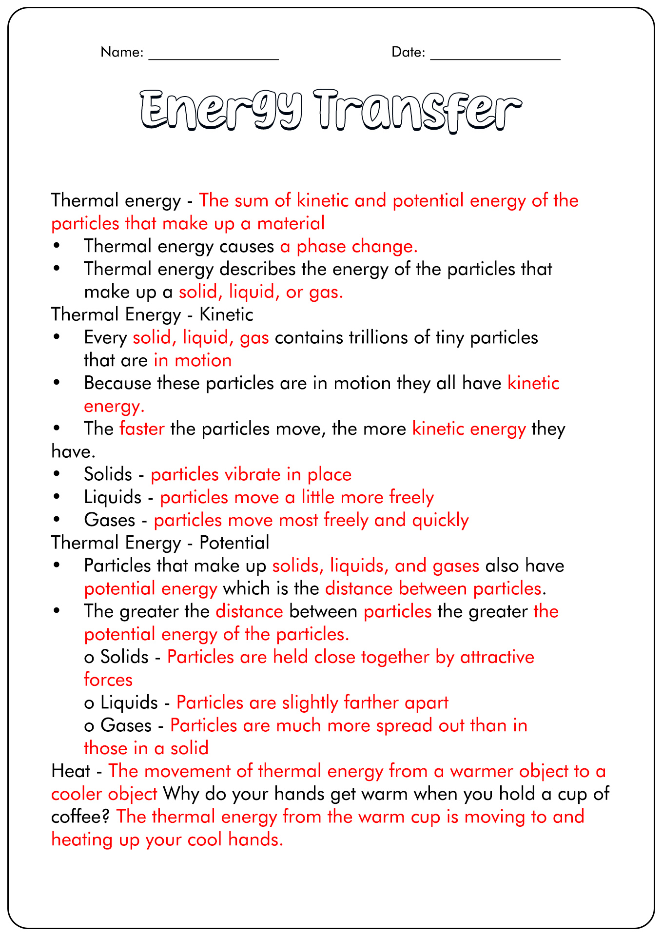Heat and Thermal Energy Worksheet Answers