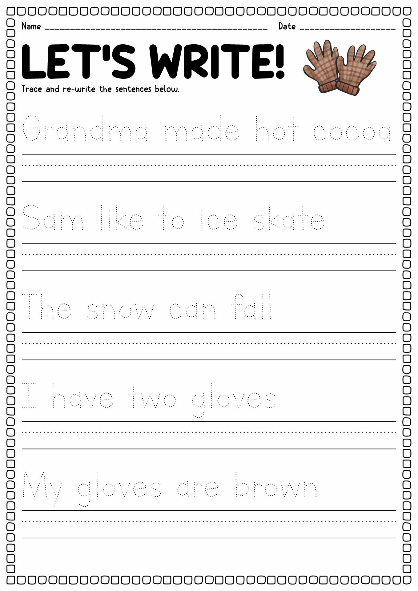 Kindergarten Sentence Writing Worksheets for Winter