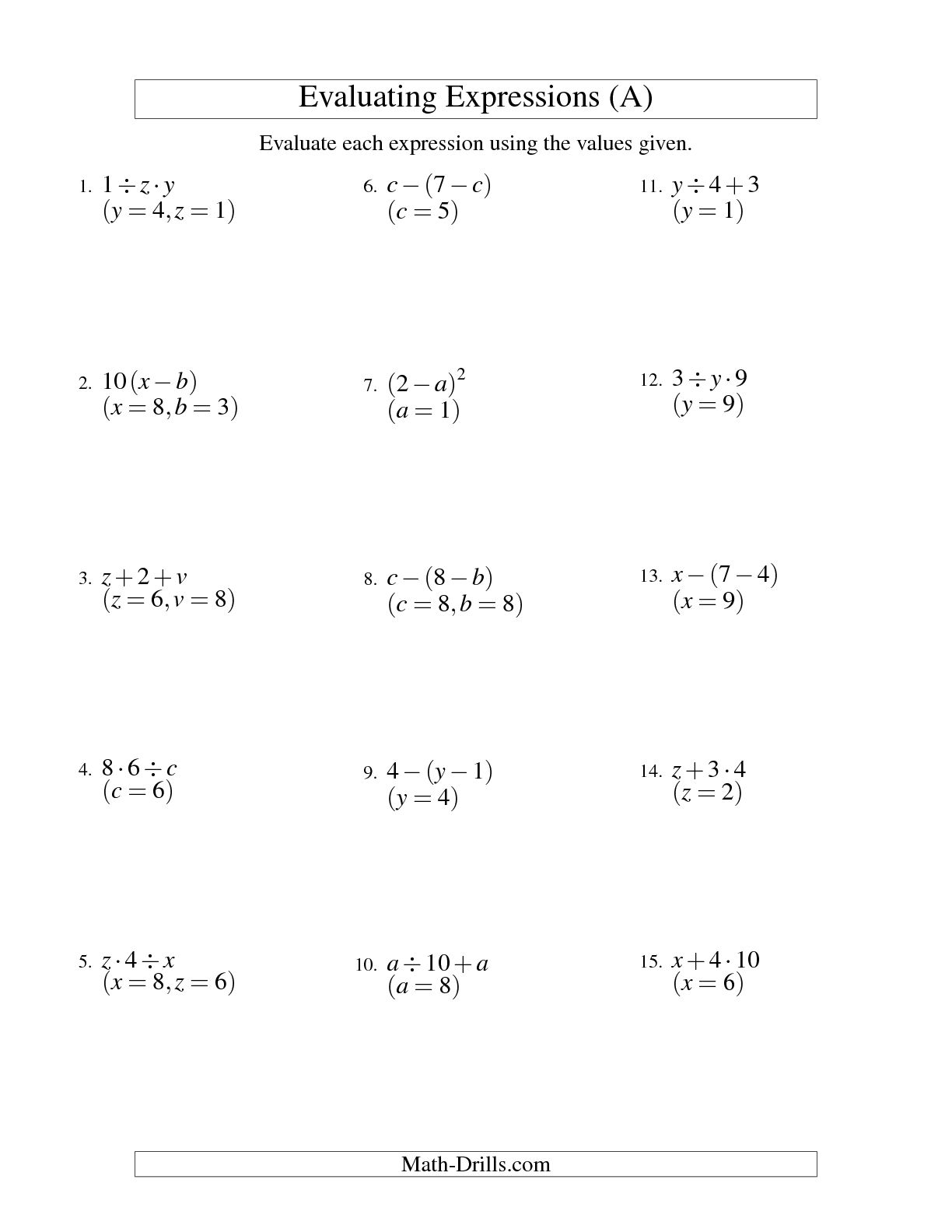 Math Variables and Expressions Worksheets Image