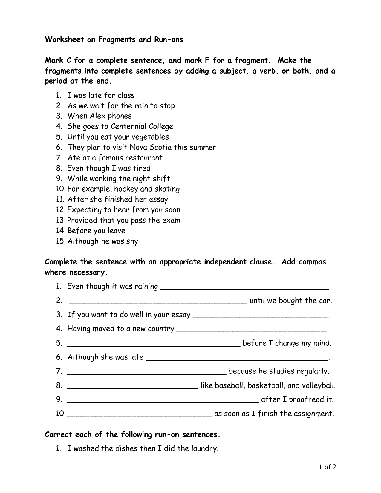 Eliminating Sentence Fragments Practice Worksheet