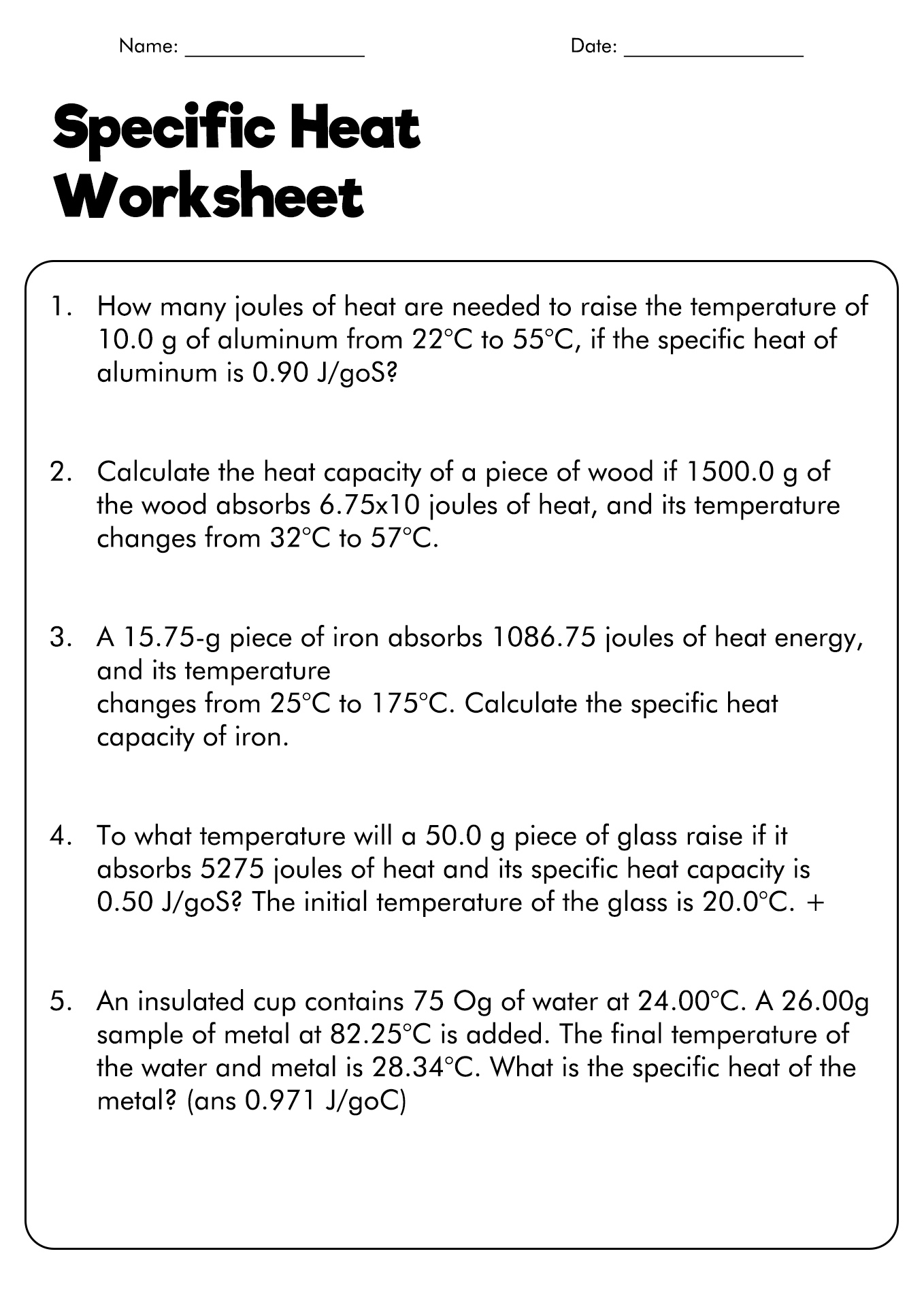 Specific Heat Capacity Worksheet Image
