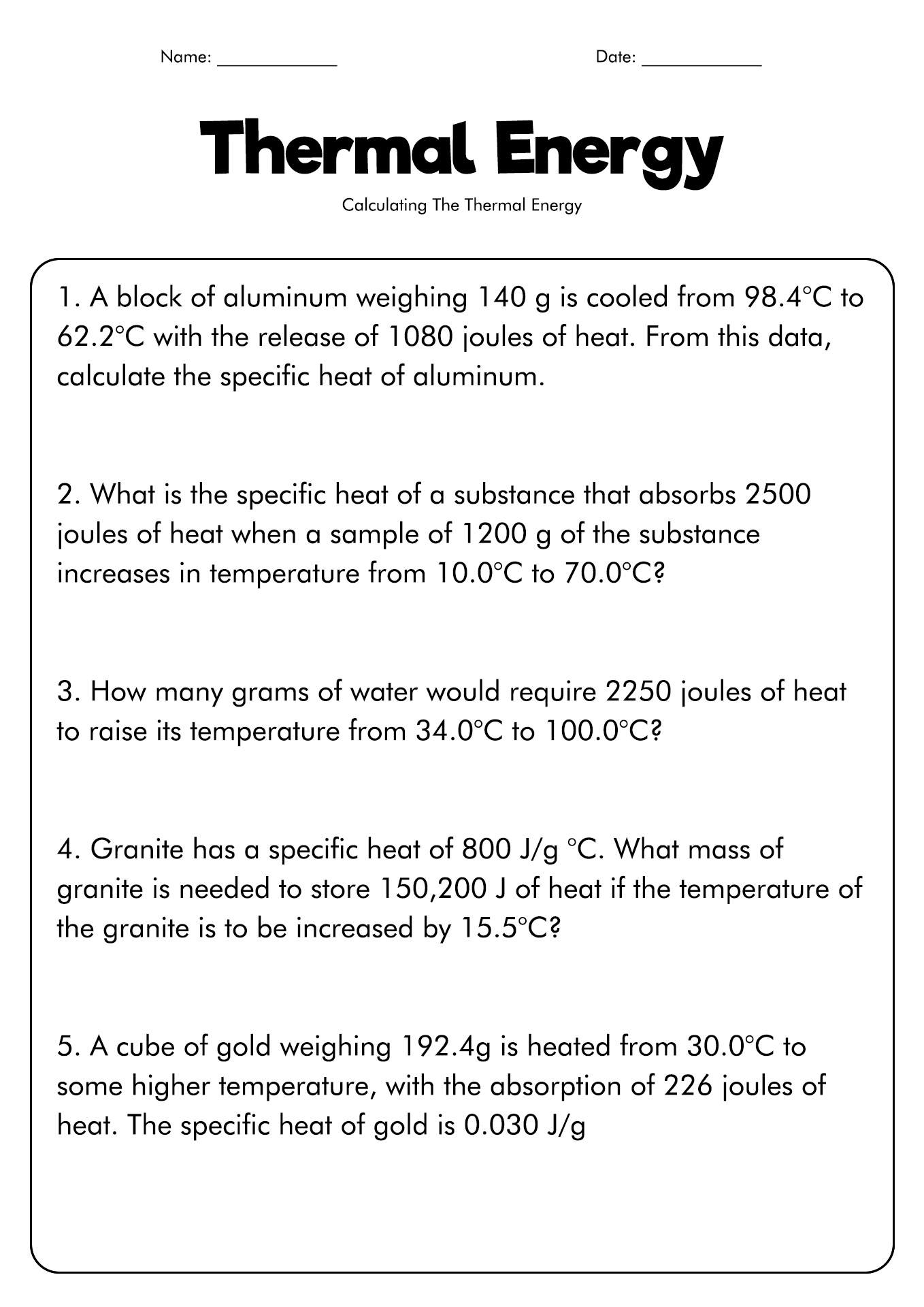 Thermal Energy Worksheet Heat and Temperature