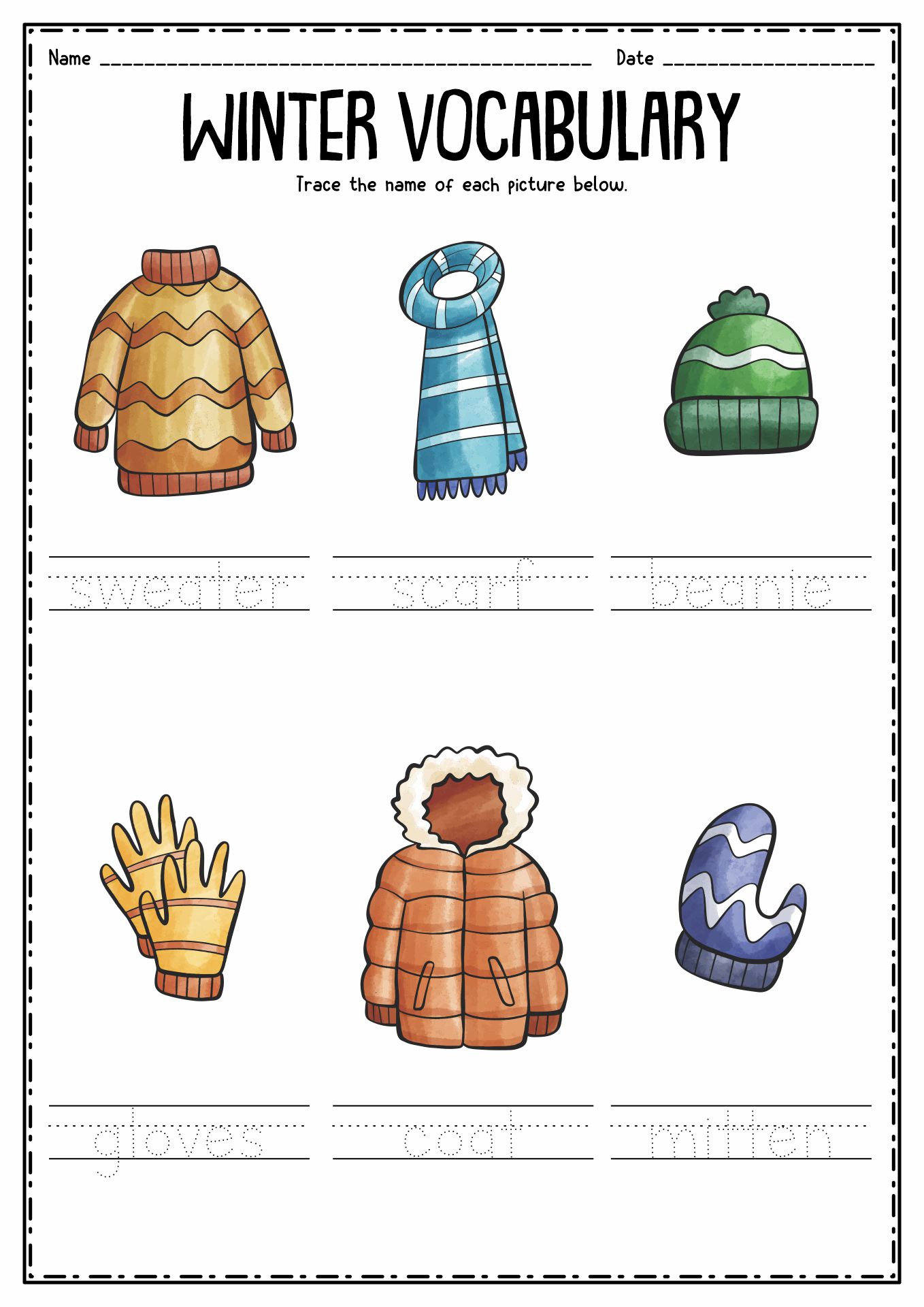 Winter Preschool Vocabulary Words