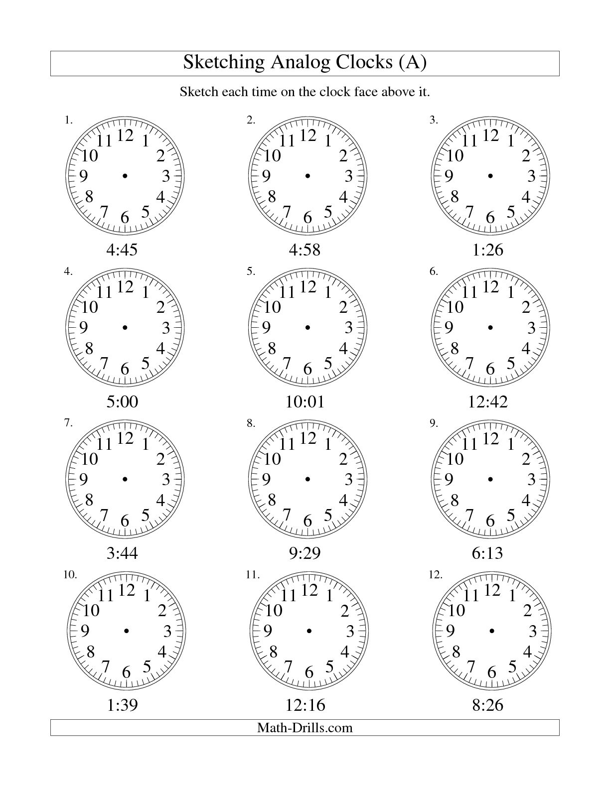 5 Minute Intervals Analog Clock Worksheet With
