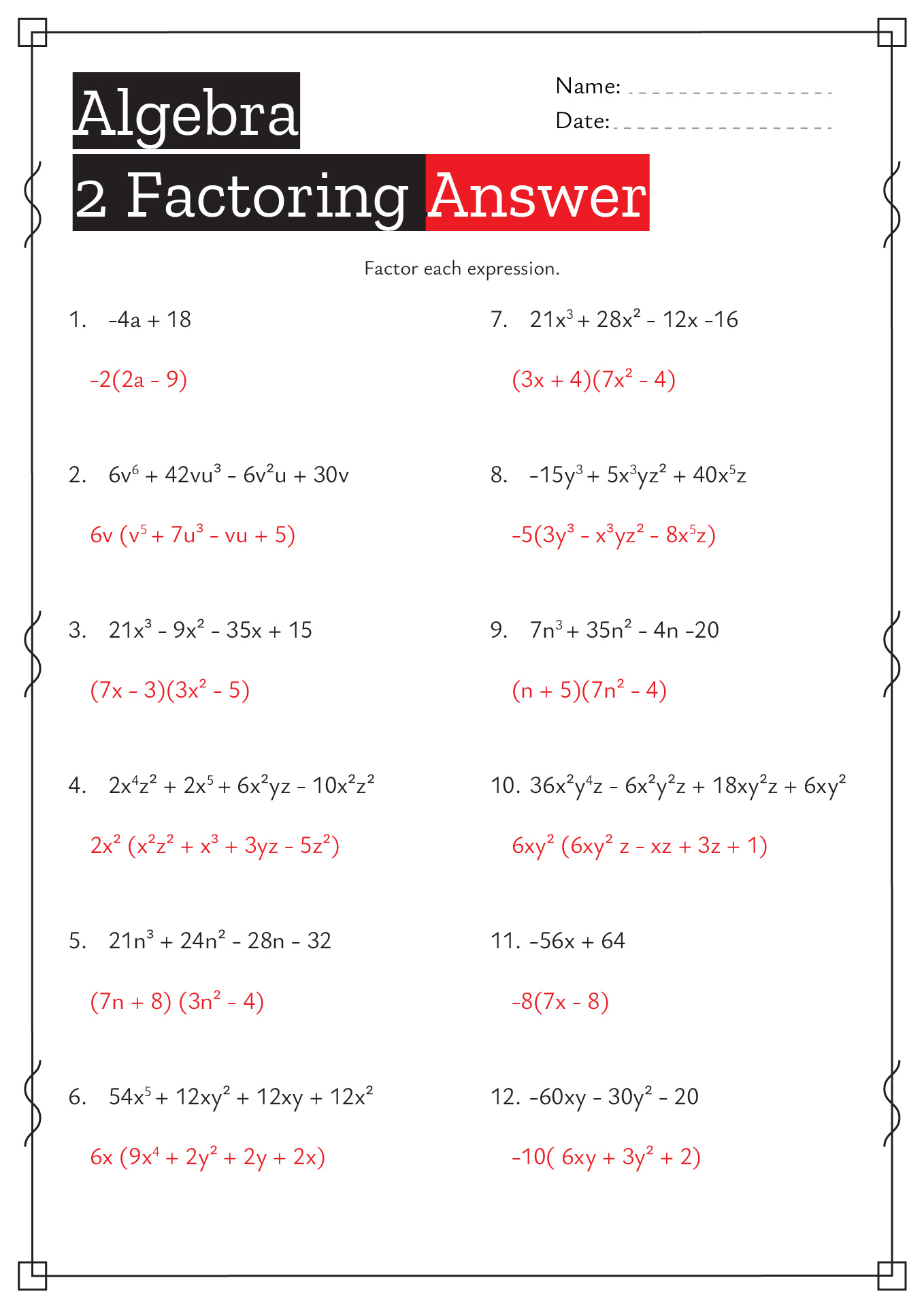Algebra 2 Factoring Review Worksheet Answers