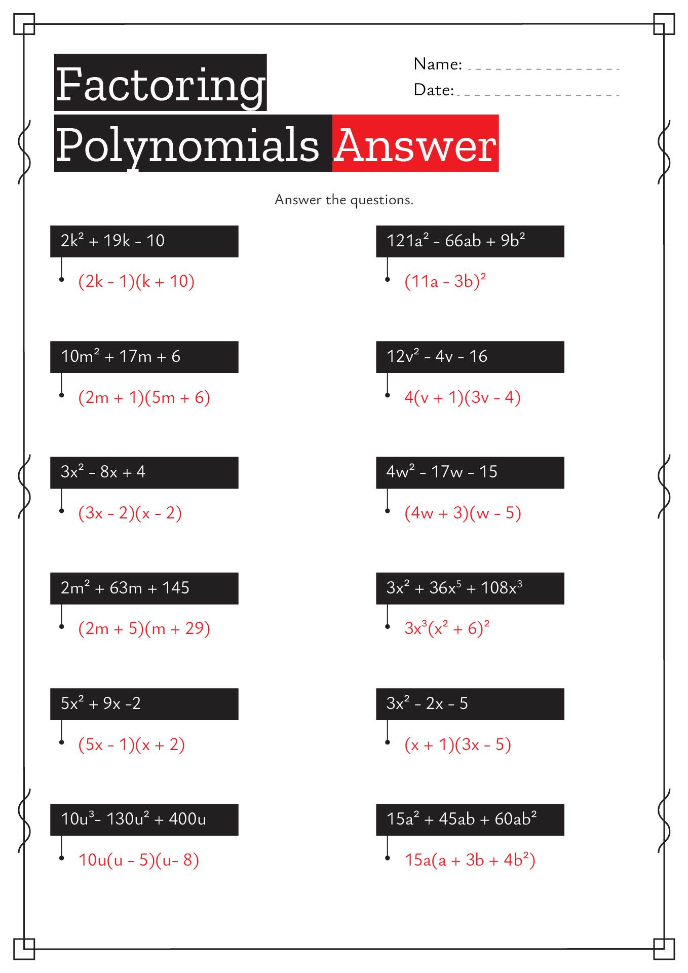 Algebra Factoring Polynomials Worksheets with Answers