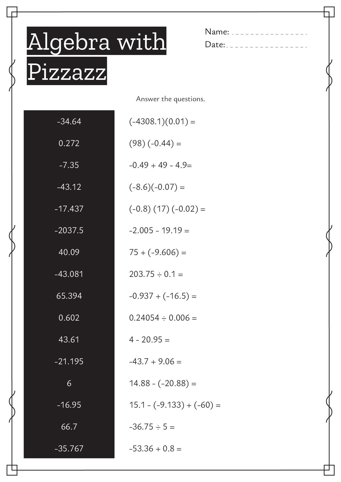 Algebra with Pizzazz Worksheets