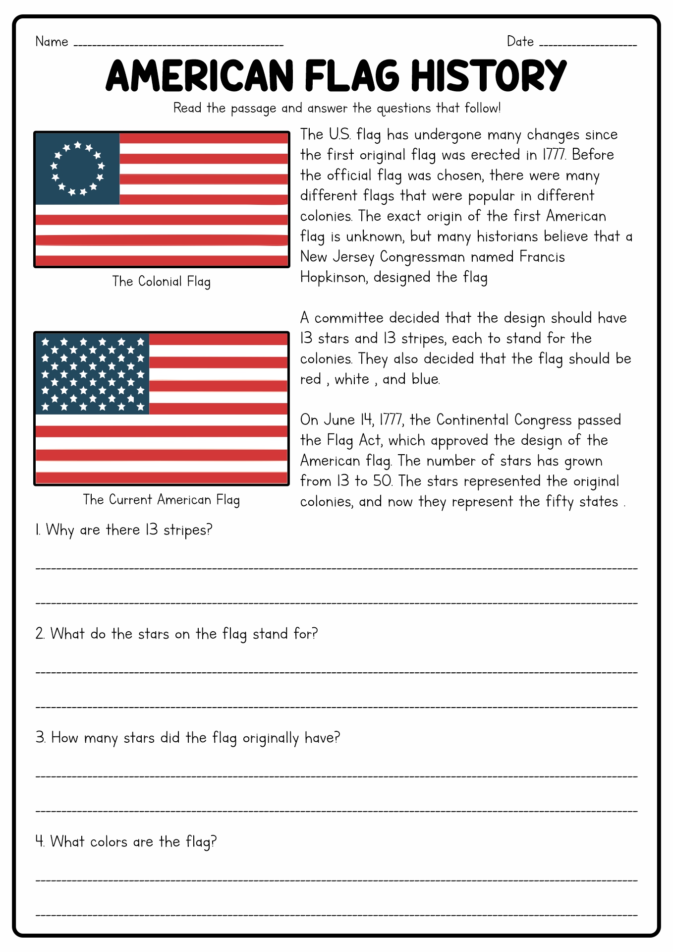 American Flag History Worksheet Image