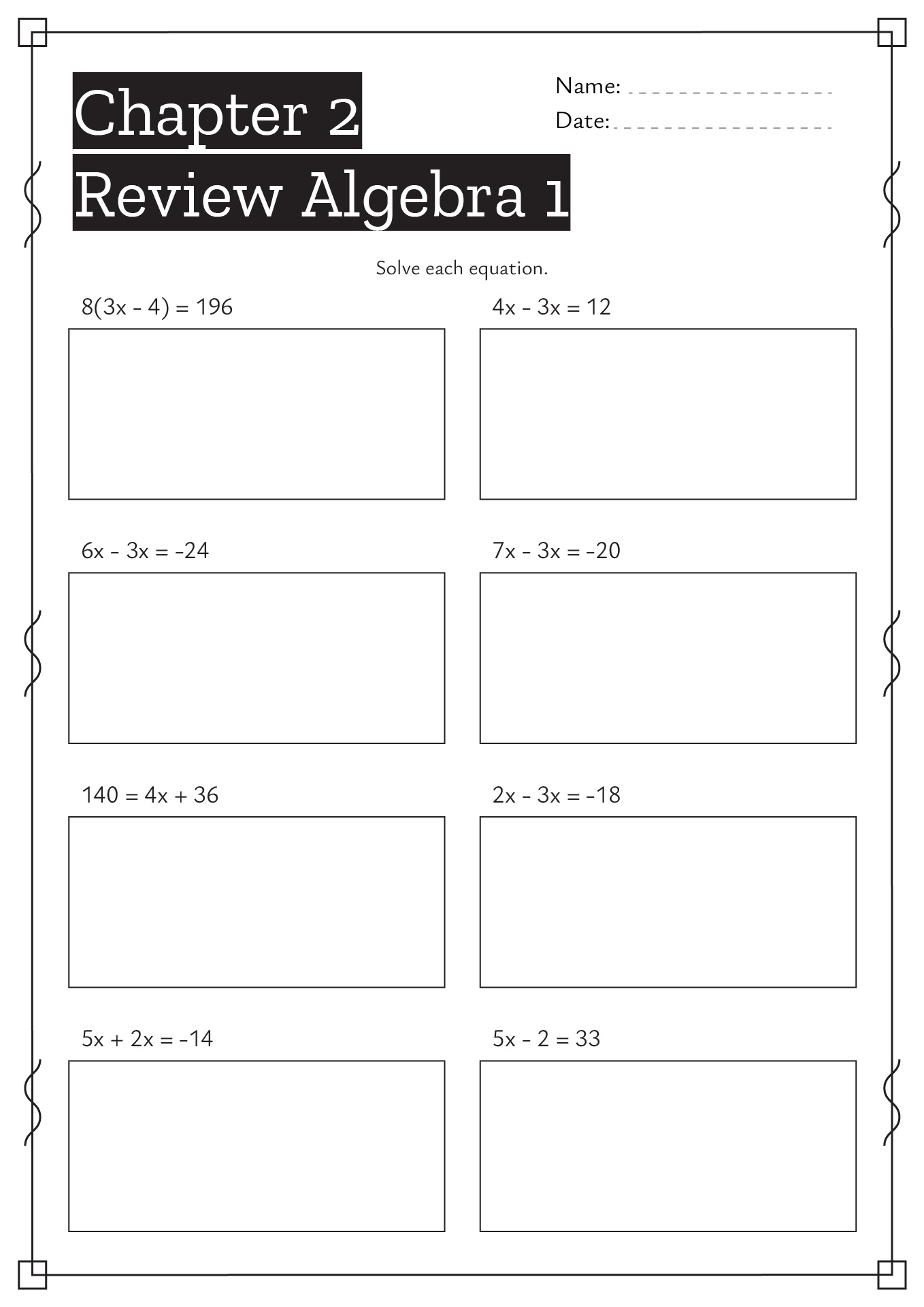 Chapter 2 Review Algebra 1 Worksheet