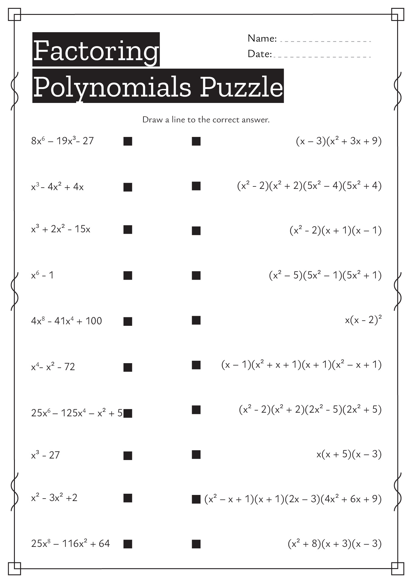 Factoring Polynomials Worksheet Puzzle