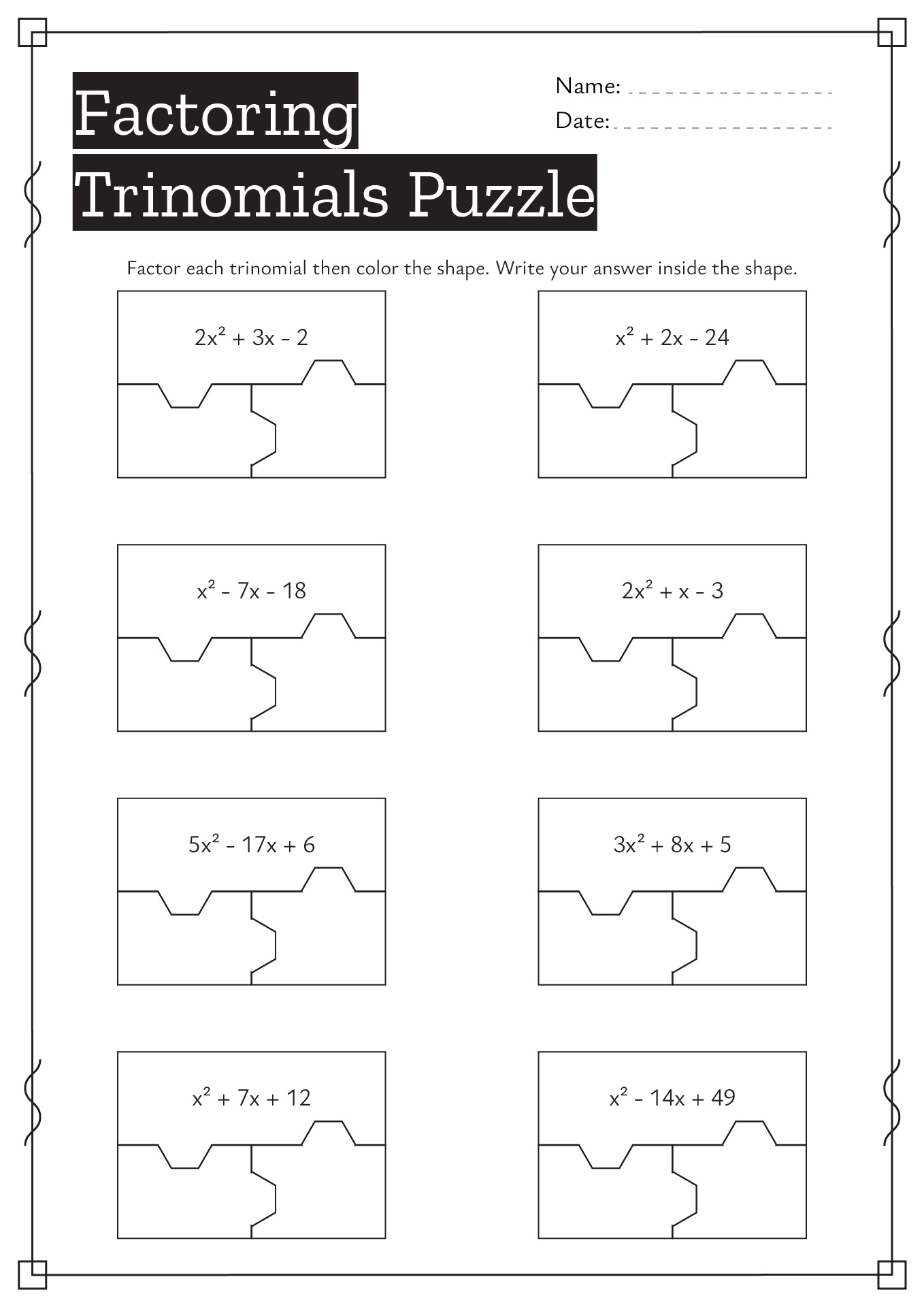 Factoring Trinomials Puzzle Worksheet