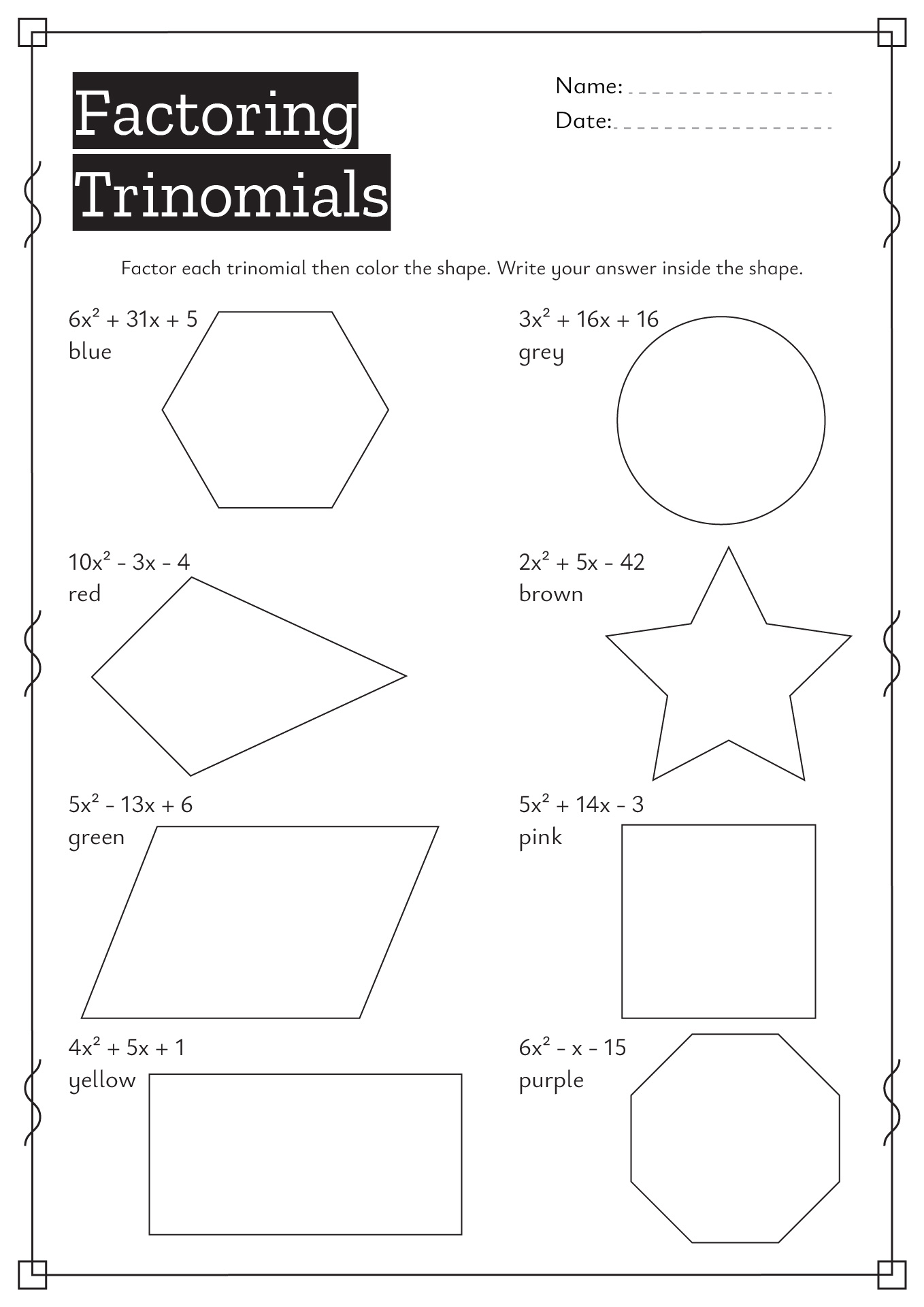 Factoring Trinomials Worksheet Coloring