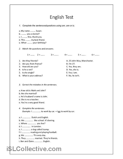 English Adult Beginners Worksheet