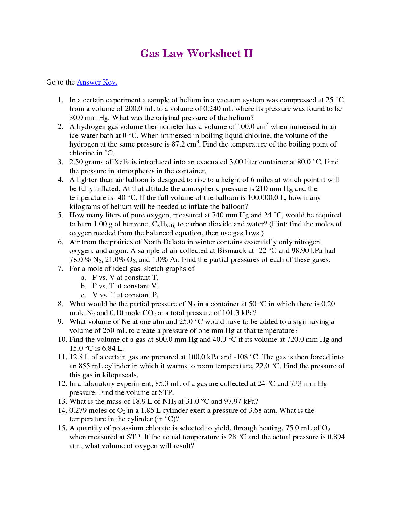 Gas Laws Worksheet with Answers Image