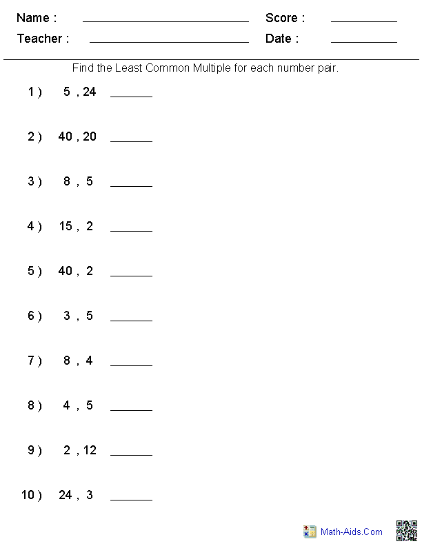 Least Common Multiple Math Worksheets Image