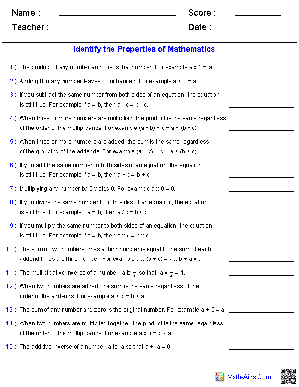Math Properties Worksheets 6th Grade Image