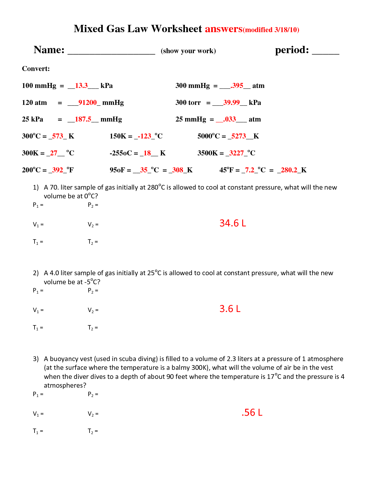 Mixed Gas Laws Worksheet Answers Image