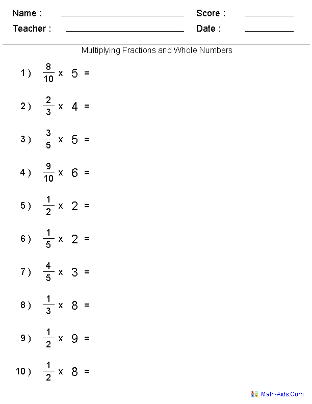 Multiplying Fractions with Whole Numbers Worksheets Image