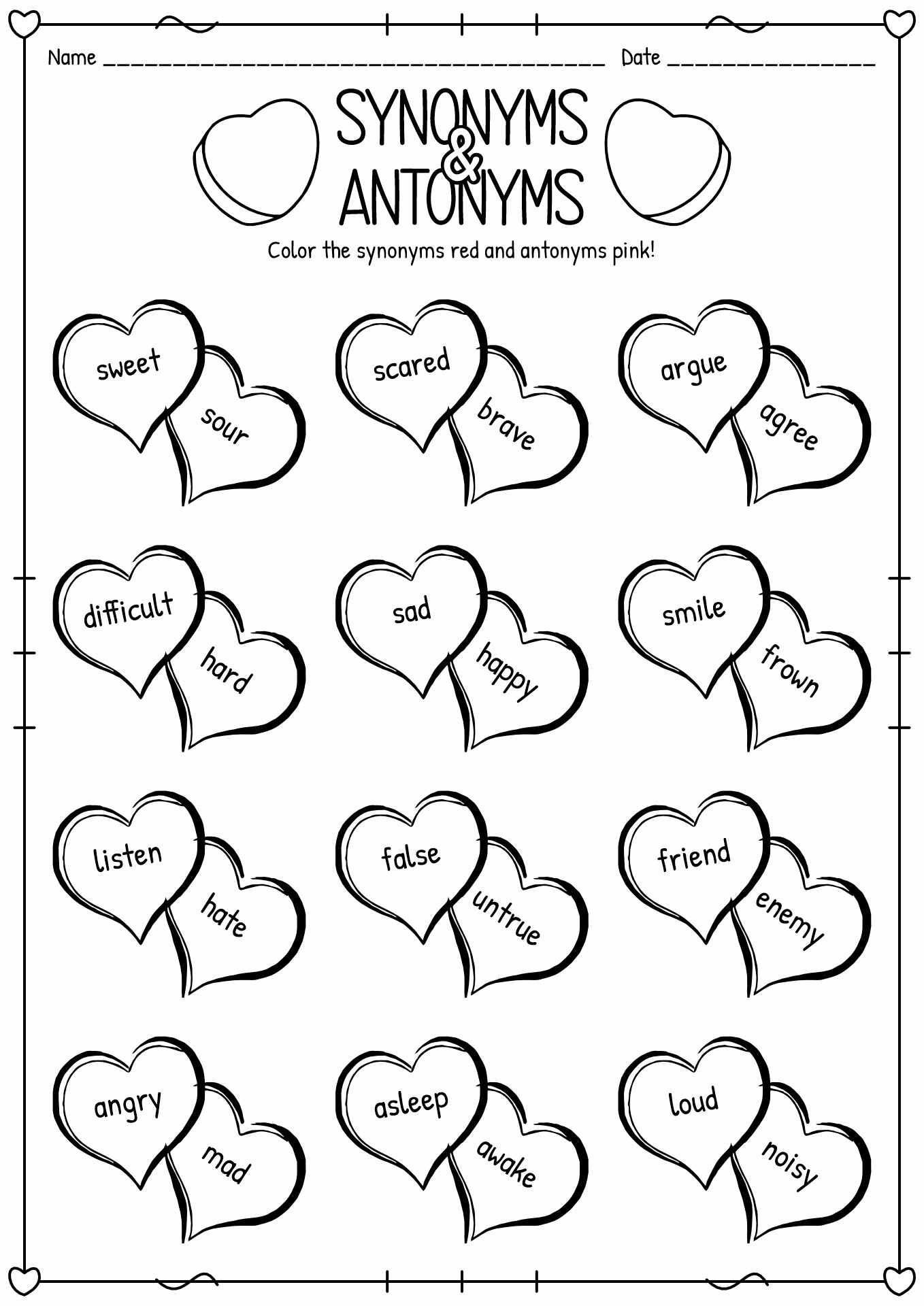 Synonym Worksheet Valentines Day
