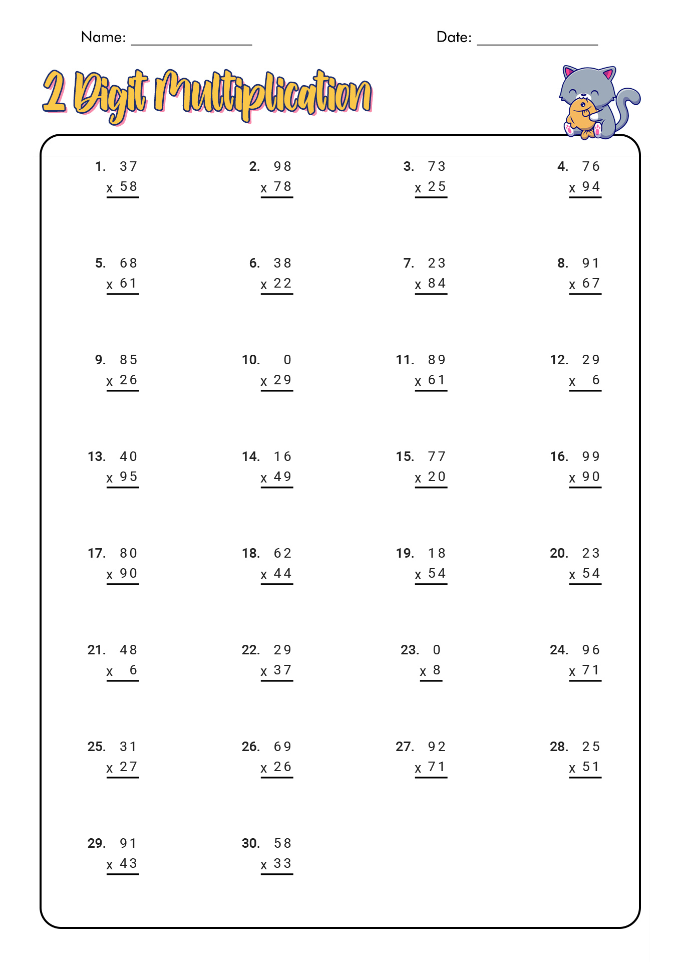 2-Digit Multiplication Worksheets