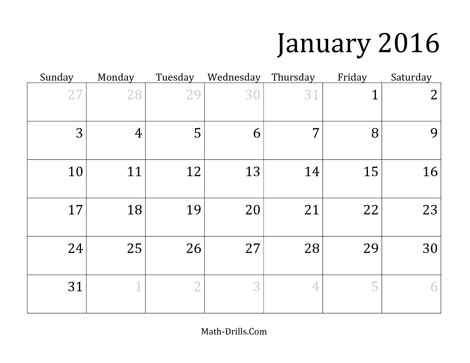 2016 Printable Monthly Calendar 2015 Image