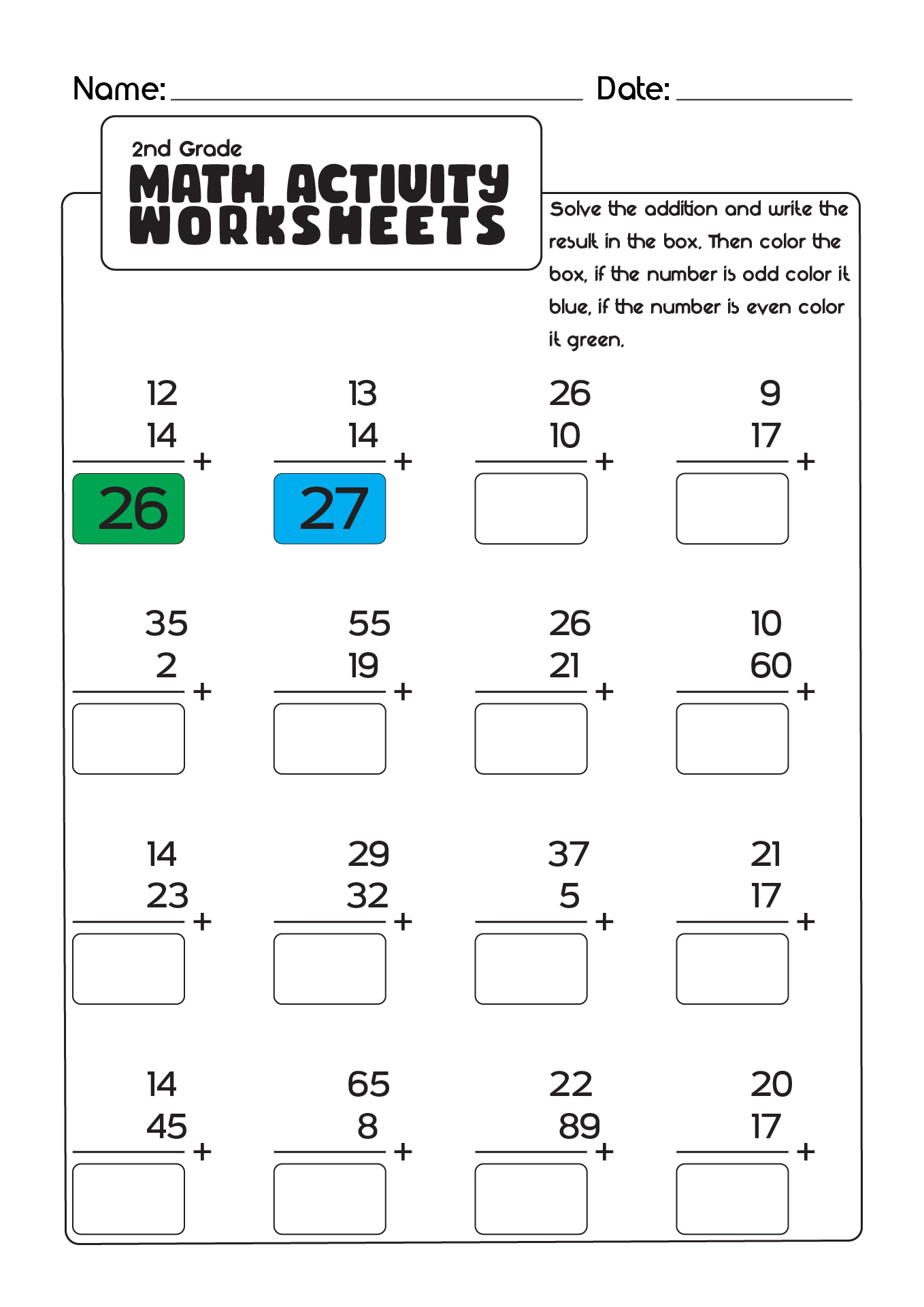 2nd Grade Math Activity Worksheets