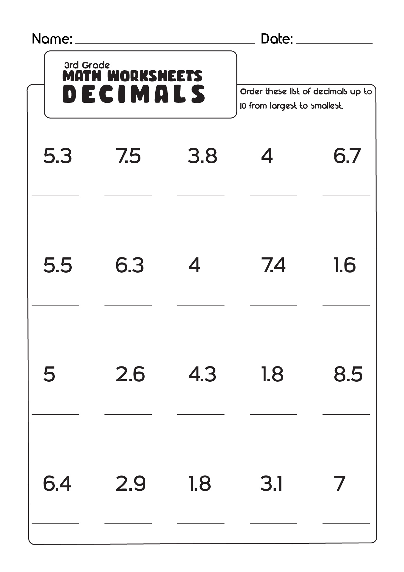 3rd Grade Math Worksheets Decimals