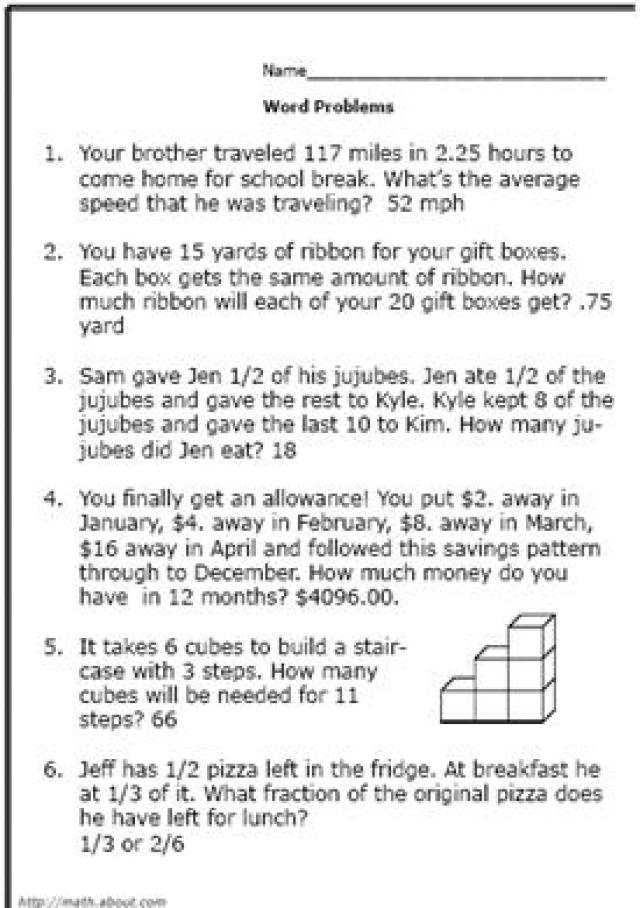 Free Printable 6th Grade Math Word Problem Worksheets