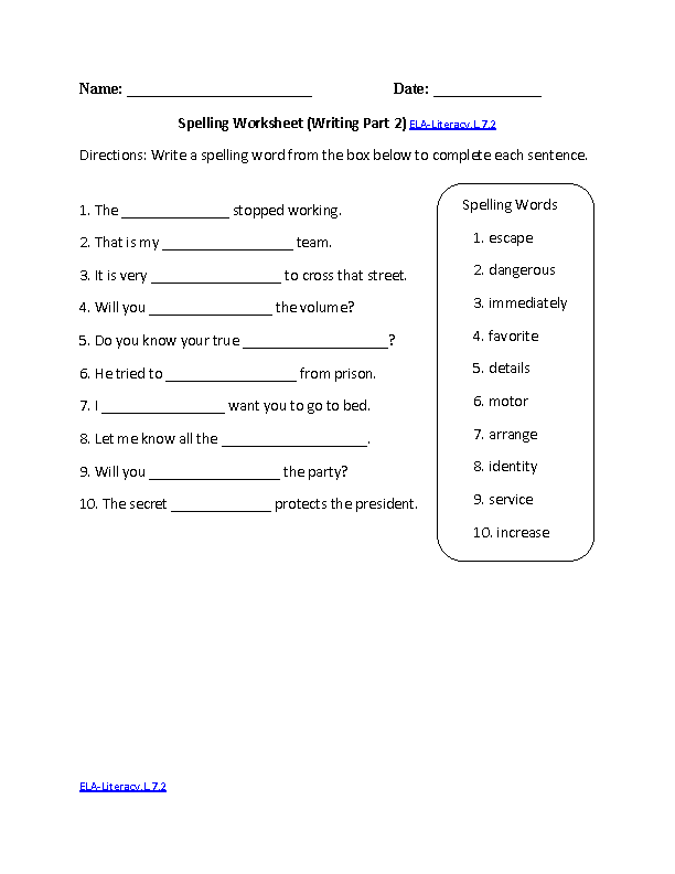 7th Grade Spelling Worksheets Image
