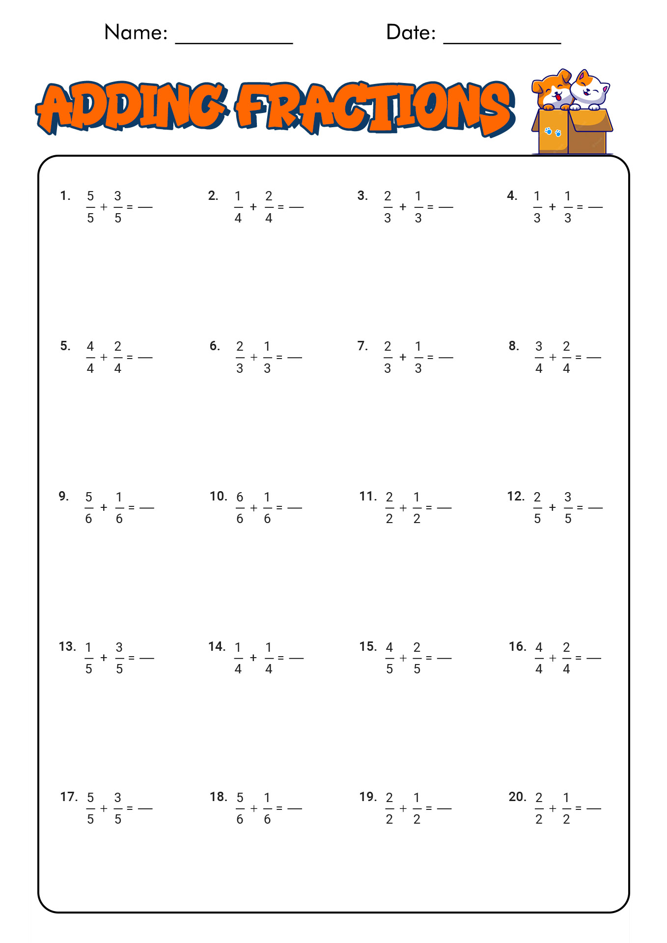 Adding Fractions Worksheets 5th Grade Math