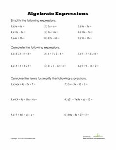 Algebraic Expressions Worksheets 6th Grade