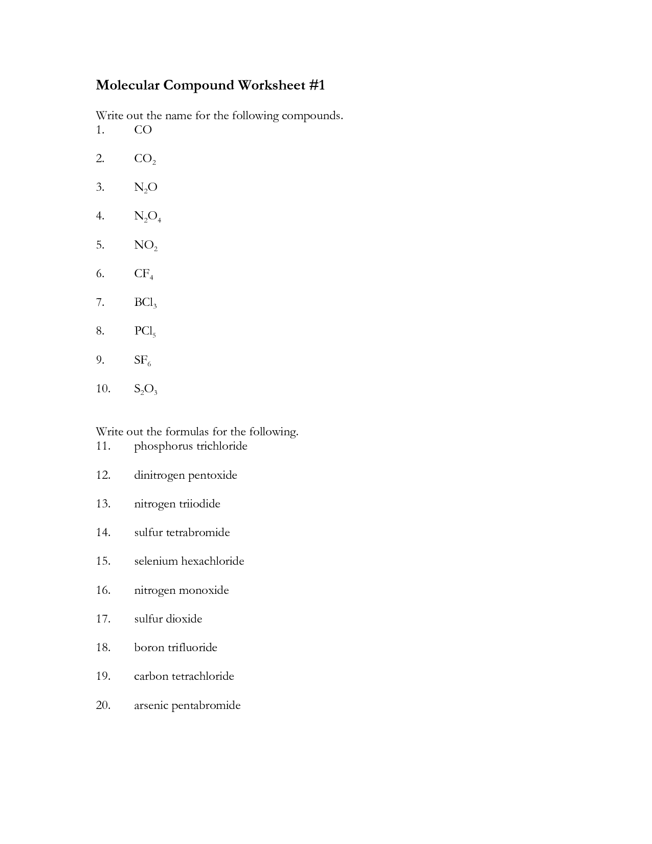 Naming Binary Molecular Compounds Worksheet Answers