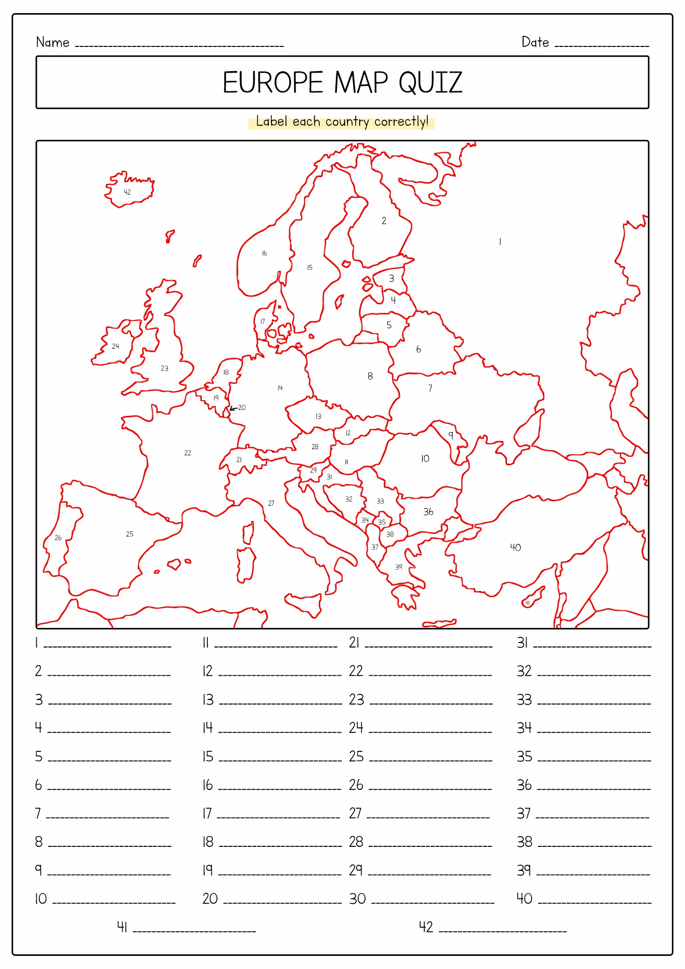 Blank Europe Map Quiz Image