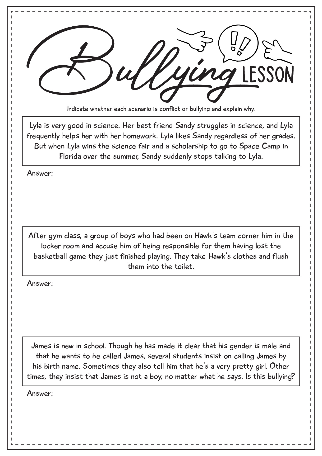 Bullying Lesson Worksheet